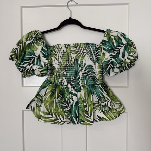 NWT Autumn Adeigbo Marine Top Green Palm Women's Size 4 Puff Sleeves MSRP $540 - Picture 2 of 8